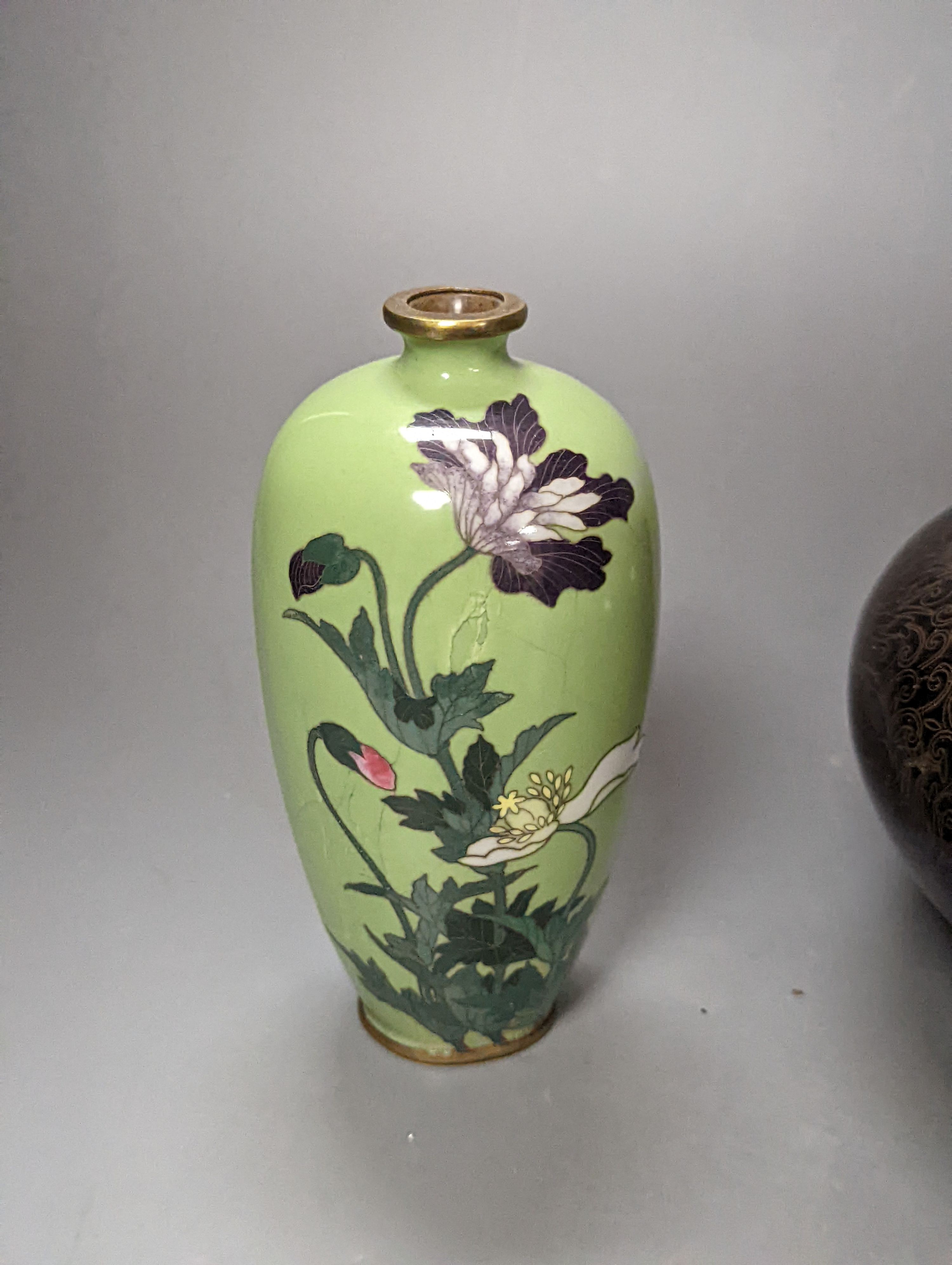 Two Chinese cloisonné enamel vases and a Japanese cloisonne vase (3), tallest 13 cms high.